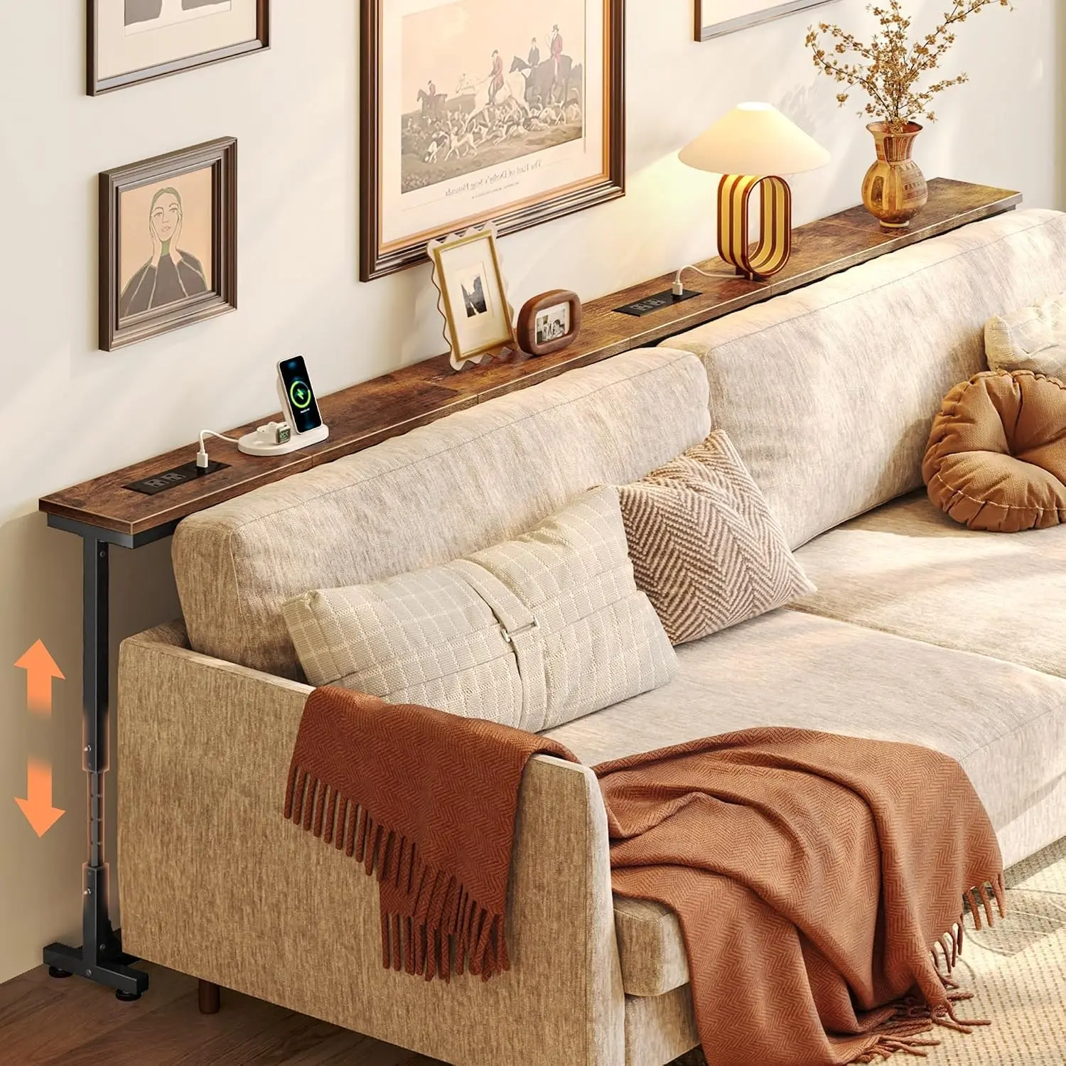 78.7 Inch Height Adjustable Behind Couch Table with Power Outlets, 23.9’’-34.4’’ Range, Sofa Tables Narrow Long with USB-C Ports, Skinny Console Table, for Small Spaces, Rustic Brown