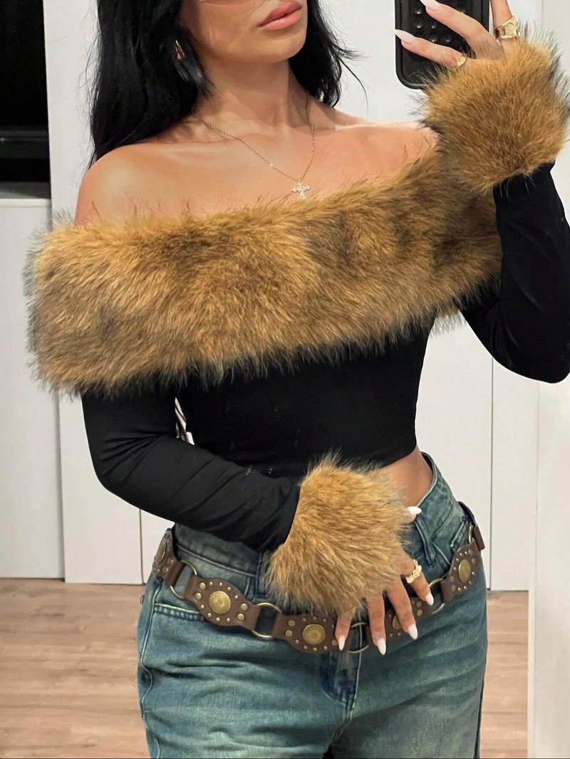 Fluffy Collar Spliced Shoulder Long Sleeve T-Shirt, Fashionable and Elegant, Perfect for Autumn Winter Seasons, Women's Casual Top Fluffy Collar Spliced Shoulder Long Sleeve T-Shirt, Fashionable and Elegant, Perfect for Autumn Winter Seasons, Women's Casual Top