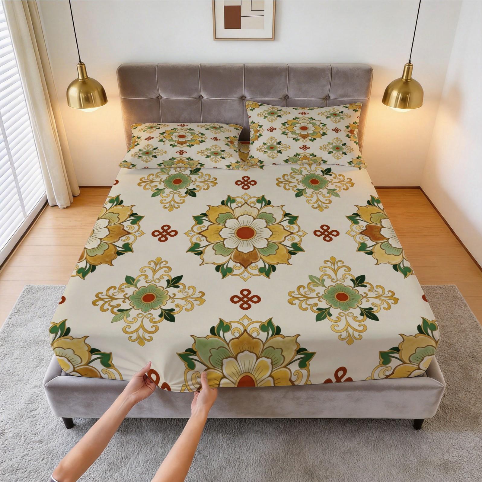 3 Piece Vintage Floral Mandala Fitted Sheet Set, HD Digital Printed Bed Sheet Set, Deep Pocket Soft Bedding Set (Pillowcases No Inserts) for Bedroom Decor