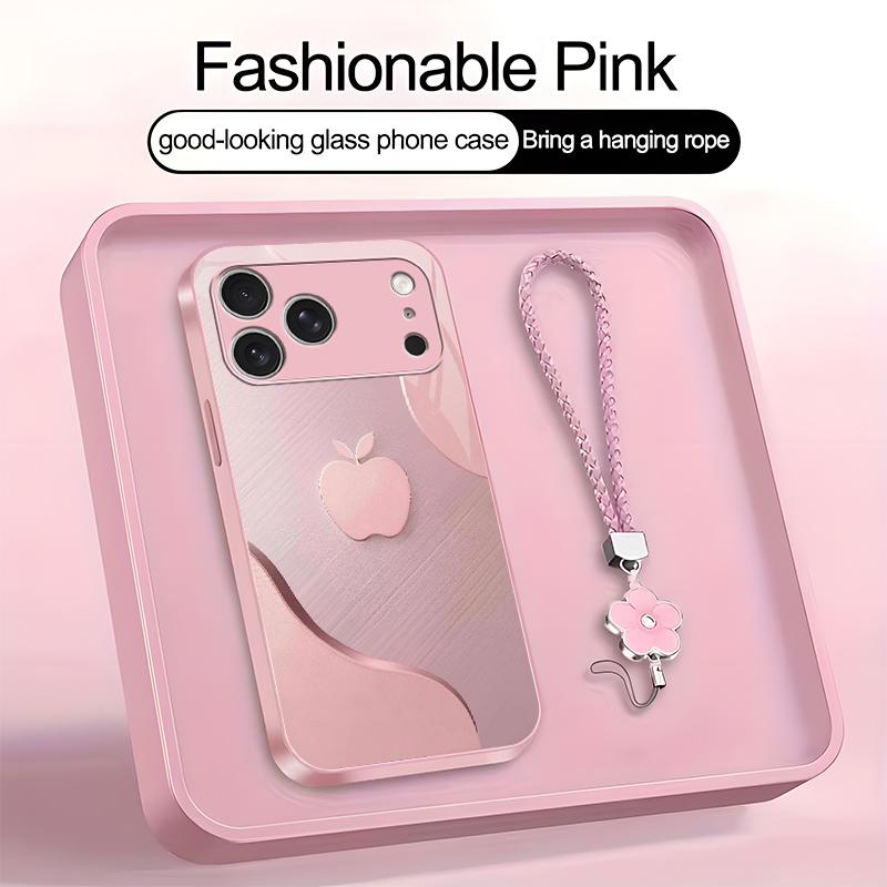 Luxury Faux Brushed Metal Texture Phone Case with Flower Lanyard | Glossy Glass Feel 2D Printed Cover | for [iPhone 17 Pro Max] 952