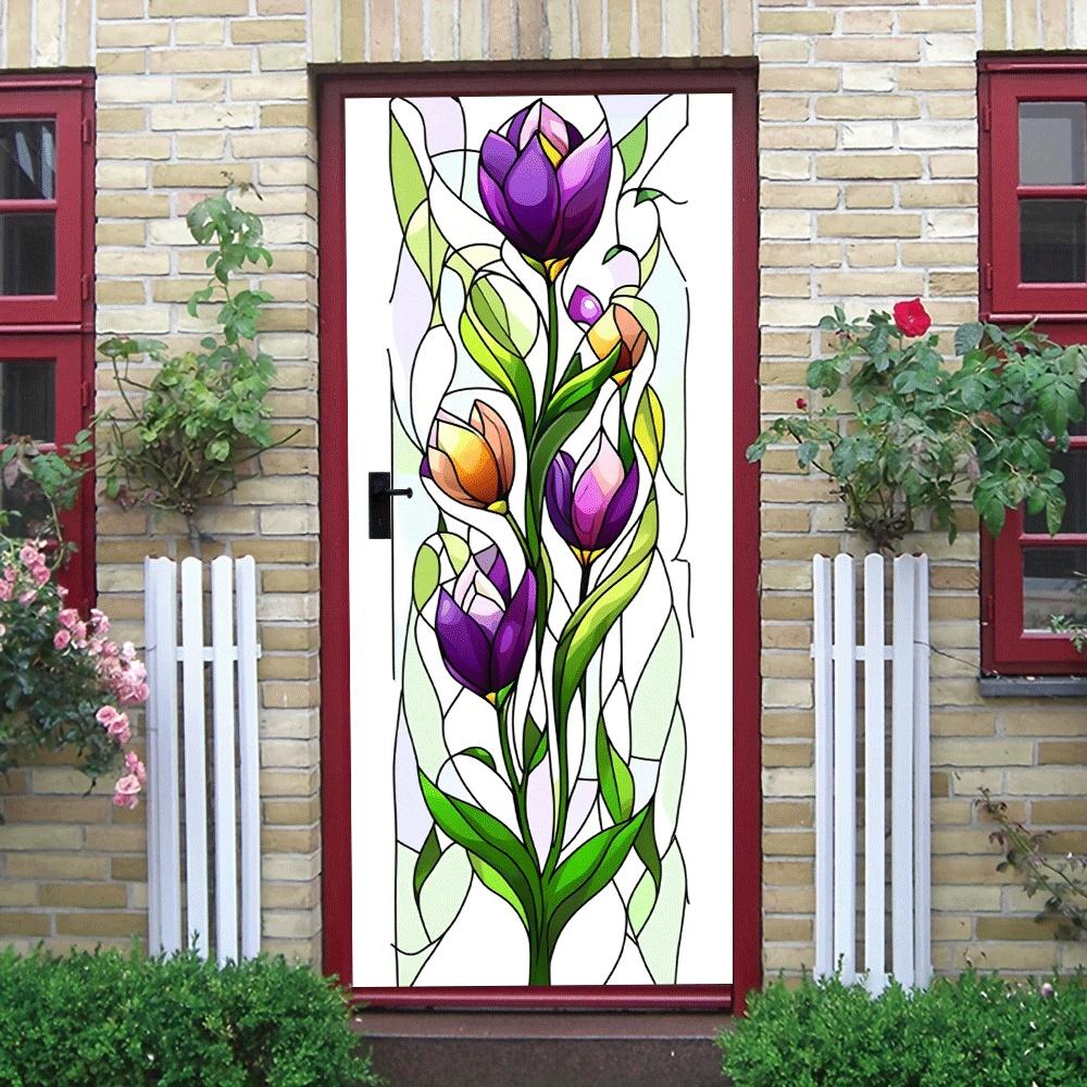 2pcs   Stained Glass Style Tulip Flower Wall Stickers for Home Decor Self Adhesive Removable Vinyl Decals for Living Room Bedroom Door Window Mural Art Decorations Purple Pink Green Floral Decor  C