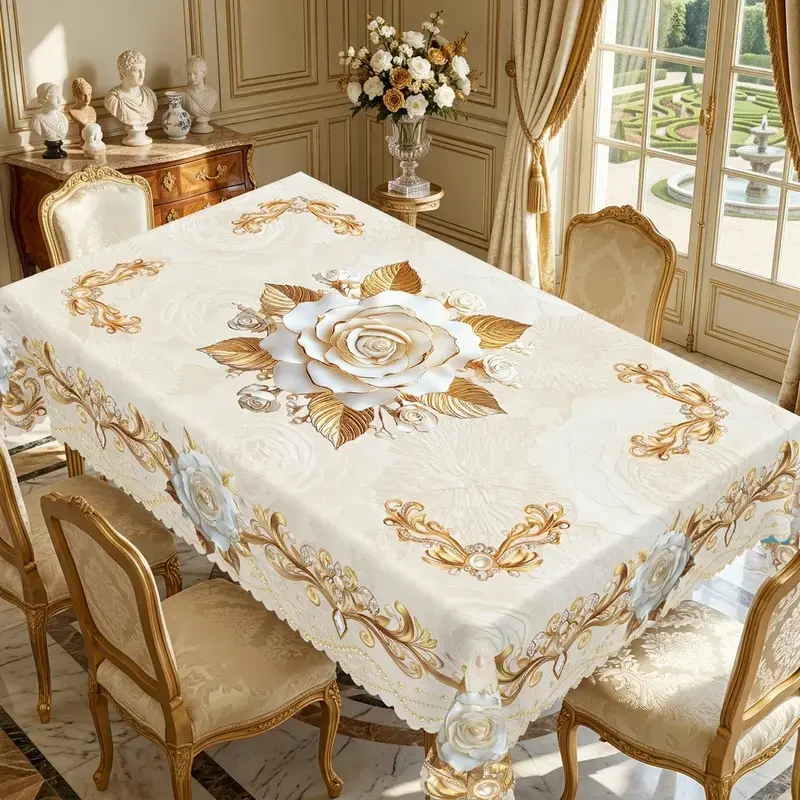 Cotton Rectangular Dining Tablecloth - Elegant White & Gold Floral Print, Gray Botanical Motif, Luxury Look, Table Protection, Household Kitchen Linen for Dining Room, Party Decor Santa Claus Figure table covers