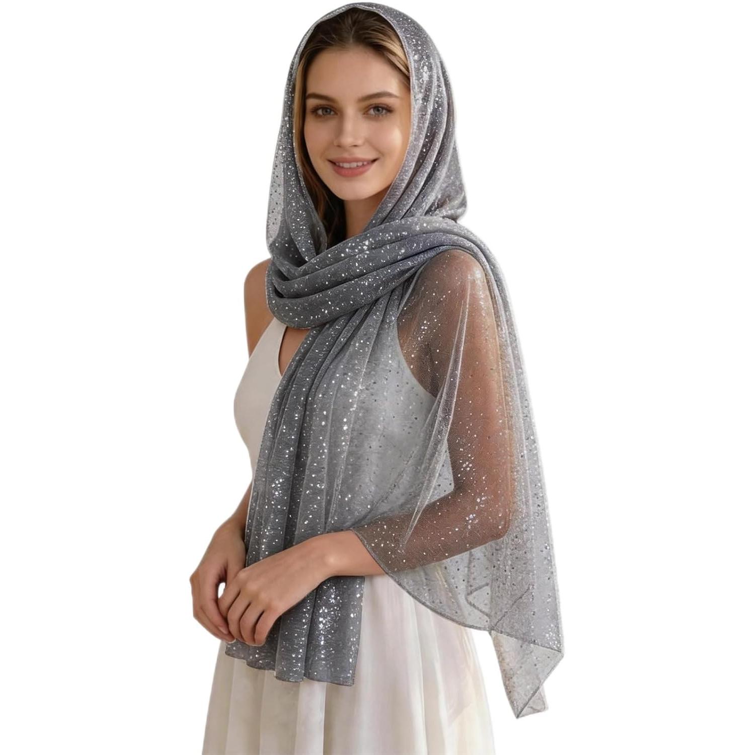 Women Sequin Scarf Sparkly   Scarf Hijab Sheer Mesh Scarves Glitter Shawls and Wraps for Evening Dresses