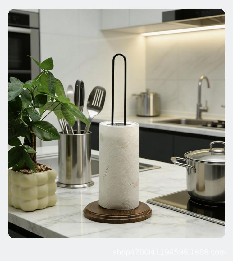 Kitchen Paper Towel Holder - Vertical Countertop Storage Rack, Space-Saving Design, Sturdy Iron Frame and Natural Bamboo Shelf, Suitable for Paper Towels, Hand Towels, Oil Absorbing Towels - Modern Kitchen Countertop Organizer