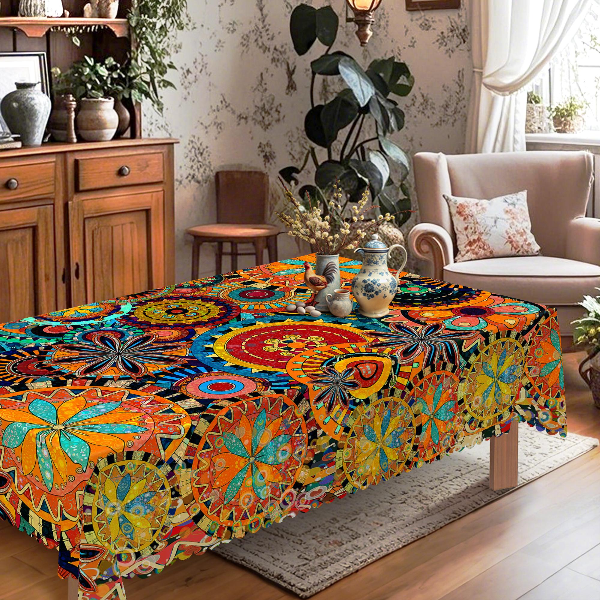 1pc Bohemian Printed Tablecloth, Mandala Kashmir Paisley Polka Polka Dot Beauty Pattern Printed Rectangle Tablecloth, Holiday Party Tablecloth, Outdoor Decoration Round Tablecloth, Kitchen Accessories, Rural Farmhouse Tablecloth Gifts table  linens