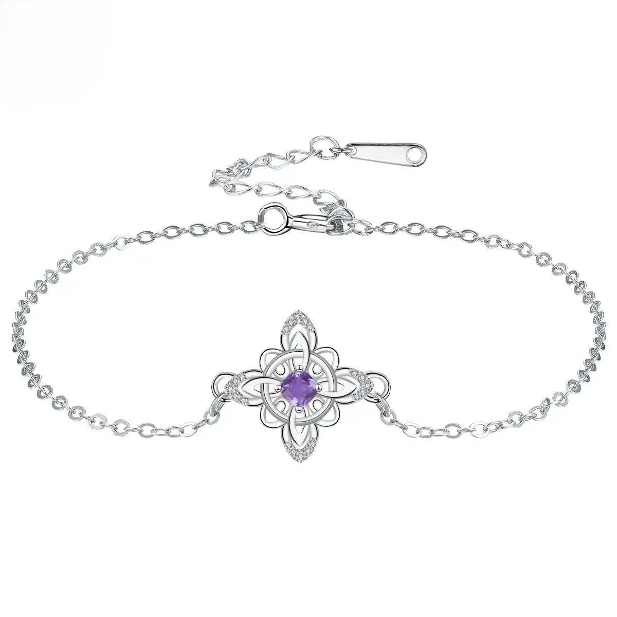 Thai Silver Witch Knot Bracelet with Purple Cubic Zirconia Protection Amulet Wicca Witchcraft Bangle for Women Wiccan Jewelry