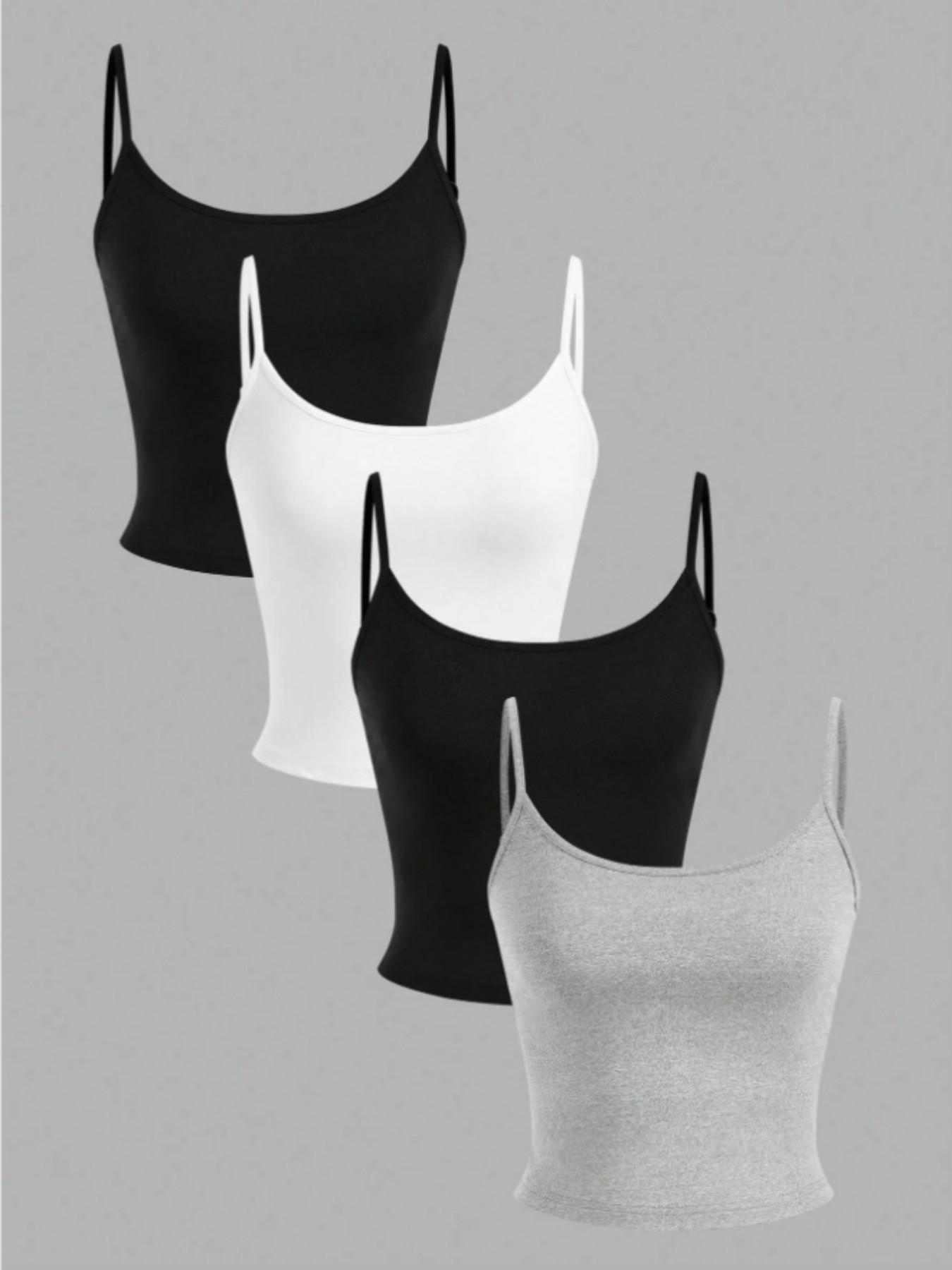 Women's Basic Solid Color Thin Strap Tank Top Set of 4, Slim Fit Short Waist Show off Inner Layer, Y2K Style, Comfortable Knit Fabric