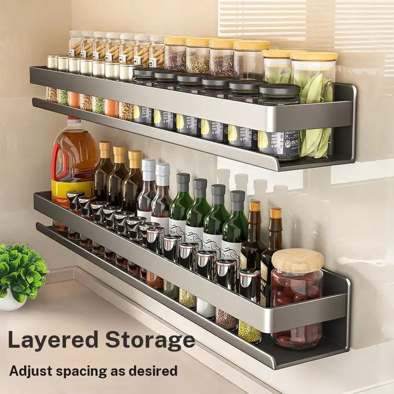 Wall-Mounted Kitchen Storage Rack, No-Drill Spice Organizer, Oil Salt Sauce Vinegar Holder, Household Items Collection, Easy Installation