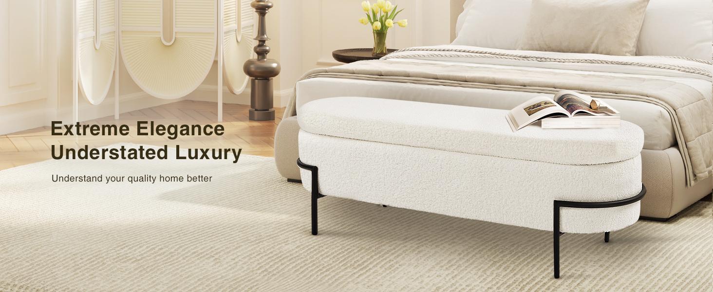 Vabches Modern White Storage Ottoman Bench With Metal Stand For Living Room