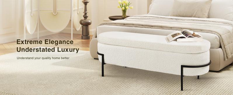 Vabches Modern White Storage Ottoman Bench With Metal Stand For Living Room