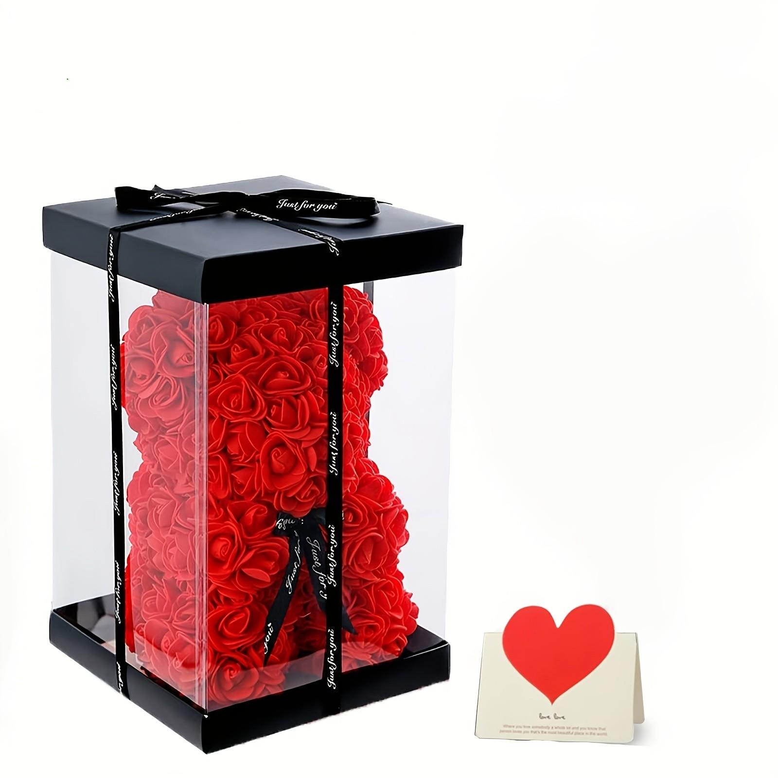Valentine's Day Rose Bear Gift Set, Cute Teddy Bear with Box and Card, Romantic Birthday Anniversary Decoration