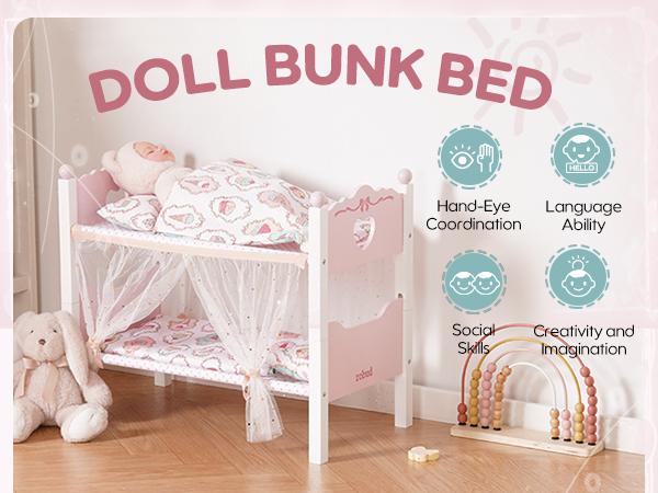 ROBUD Baby Doll Bunk Beds, Wooden Baby Doll Crib with Starry Curtain, Stackable Toy Crib for 18 Inch Dolls, Doll Bed Playset with Bedding Accessories, for Kids 3+