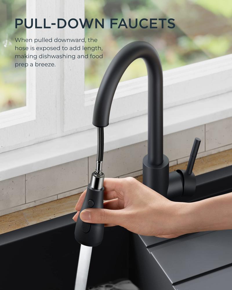 FORIOUS Black Kitchen Faucet Stainless Steel with Pull Down Sprayer Portable Pull Out Sink Faucet Single Handle High Arc Kitchen Faucet