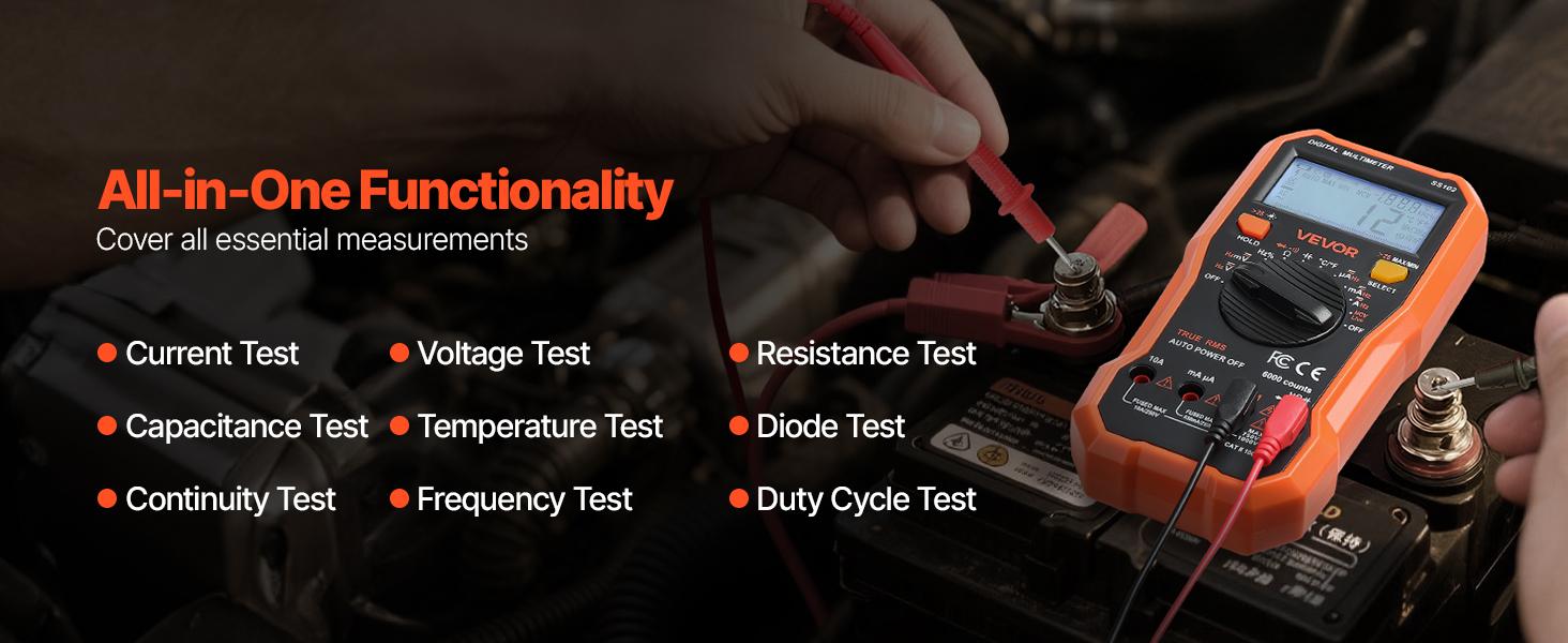 VEVOR Digital Multimeter, 6000-Count TRMS DC/AC Voltmeter Current Tester, Professional NCV Multimeter for Current Voltage Resistance Capacitance Duty-Cycle Tempetature Diodes Continuity Live Wire Test