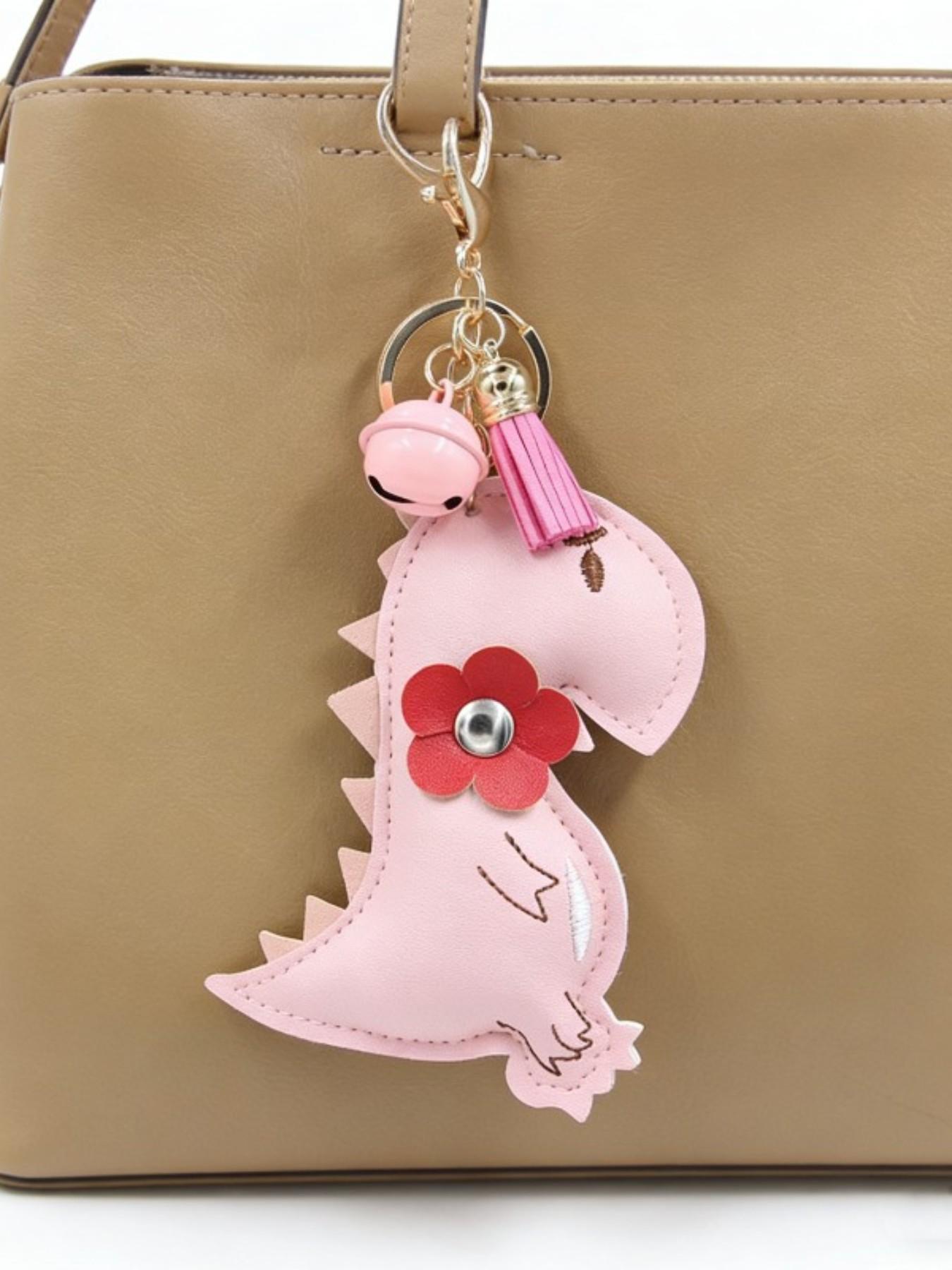Dinosaur Keychain, Beautiful Colors and Flower Design, Elegant PU Leather, Cute Bag Keychain, Ideal Gift for Women, Handmade Assembly