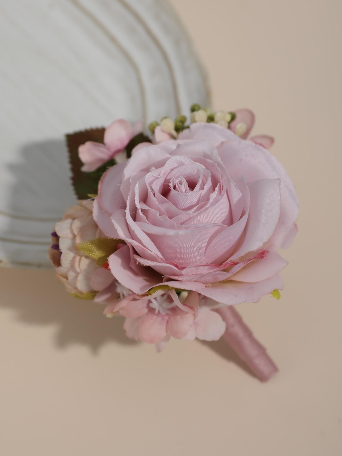 Artificial Rose Wedding Corsage with Leaves, Handmade Flower Brooch for Groom Bride Bridesmaid, Elegant Prom Party Hair Accessory