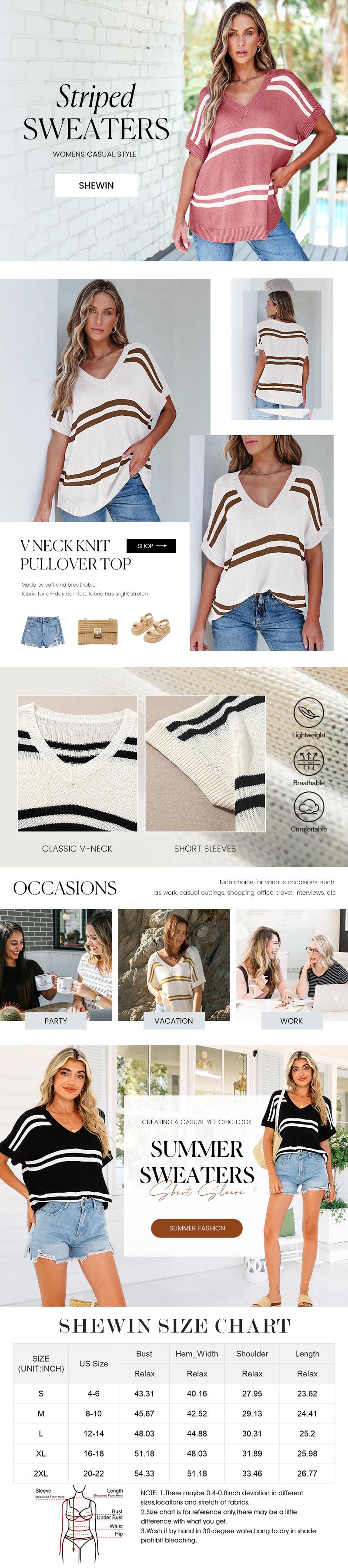 Shewin 2026 Spring/Summer Women's Oversized Knit Sweater Pullover Cozy Striped Crewneck Batwing Sleeve Stretchy Acrylic Top