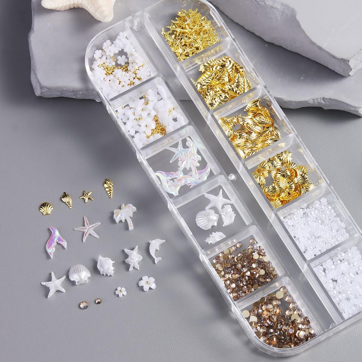 3D Summer Beach Nail Art Set, Rivets, Ocean Shells, Starfish, Mermaid Tail, Coconut Tree, Pearl & Gem Pendants, Y2K Kawaii Style