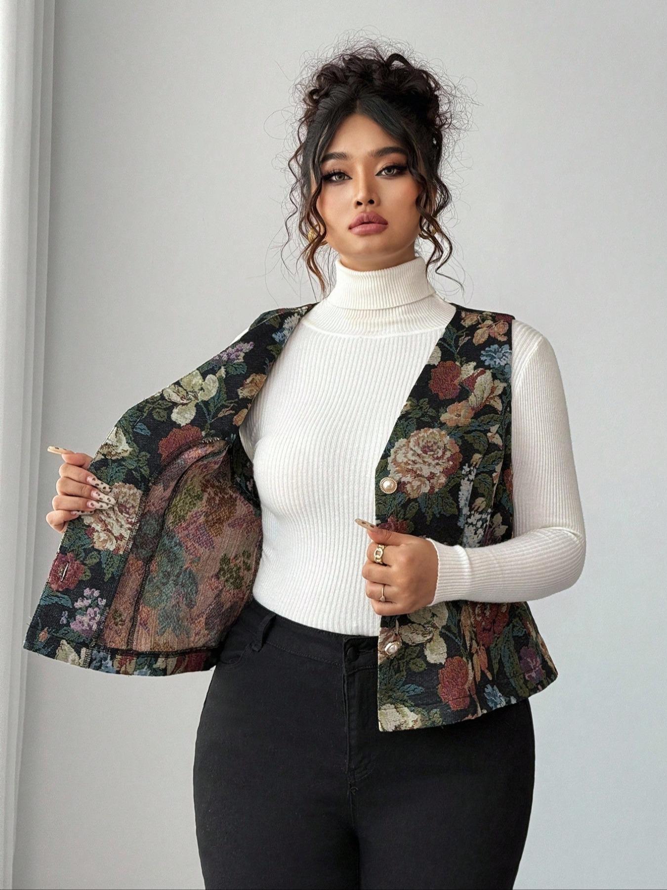 Women's Plus Size Casual Ethnic Pattern Vest Top, Sleeveless Vintage Button Design, Perfect for, Parties, Daily Wear