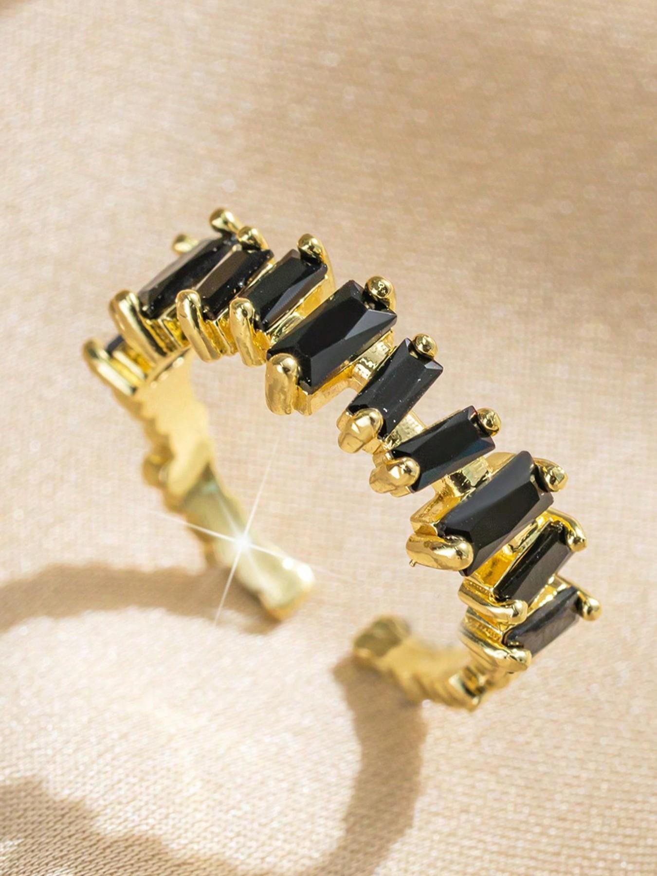 1 pc edgy Gothic Cool Girl Black Zircon Adjustable copper Open Ring Suitable For Women Everyday Wear, Office, Party, Date Night, Street Style ring jewelry  , Valentines Day girlfriend Gift