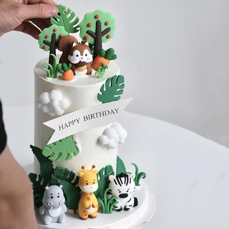 Animal System Forest Theme Kids Boy Birthday Cake Decorations, Cartoon Animals Zebra Hippo Squirrel Monkey Rabbit Elephant Baby Birthday Insert, Home Ornament