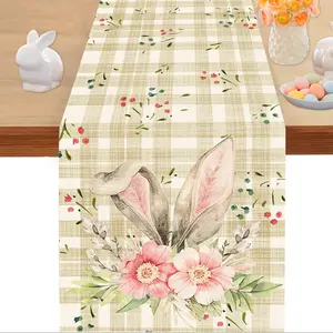 1pc,Easter Bunny Ears Flower Bouquet Buffalo Plaid Table Runner, Spring Seasonal Kitchen Decor, Home Party Decoration