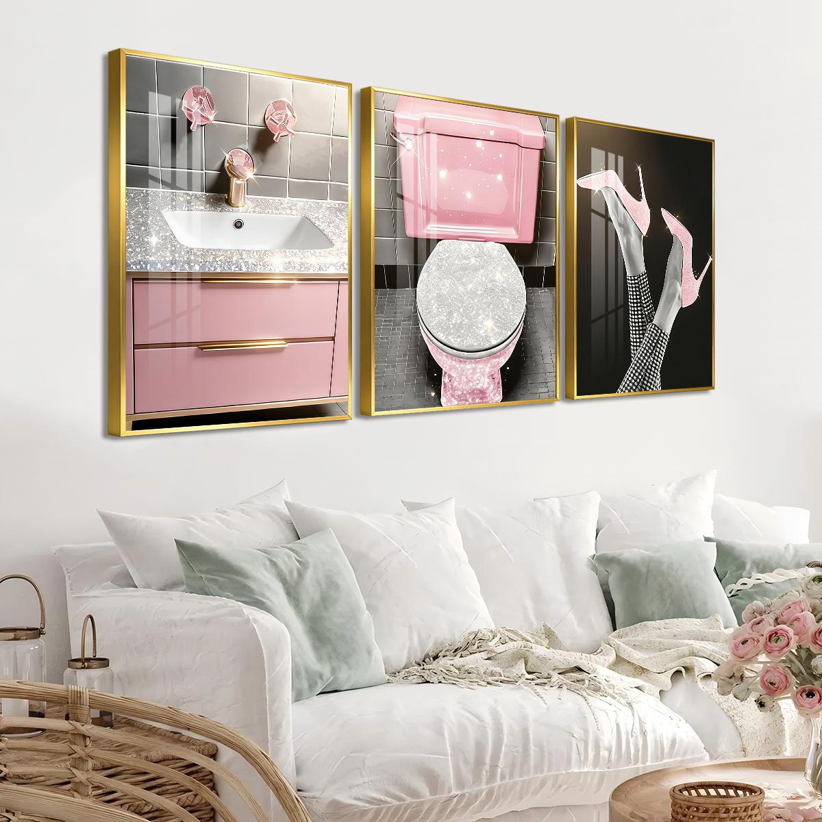 3 Counts Aluminum Alloy Framed Painting, Pink Glam Bathroom And High Heels Art Pictures, Home Decoration For Living Room, Bedroom, Office, Restaurant, Hallway Wall Decor, Odorless Print Artwork, Luxury Perfect Gift For Friends And Family