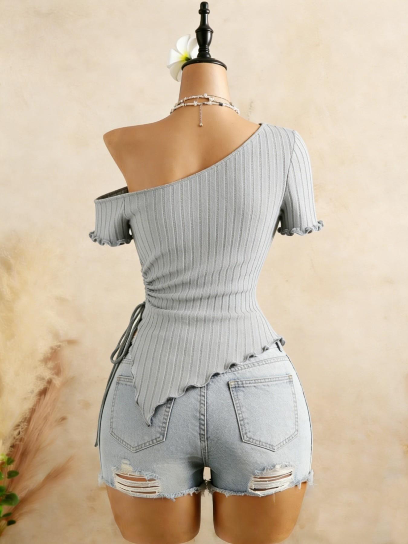 Two-Piece Asymmetrical Shoulder Knit Top, Side Drawstring Irregular Hem, Bold Short Sleeve Design, Perfect for Trendy Adjustable