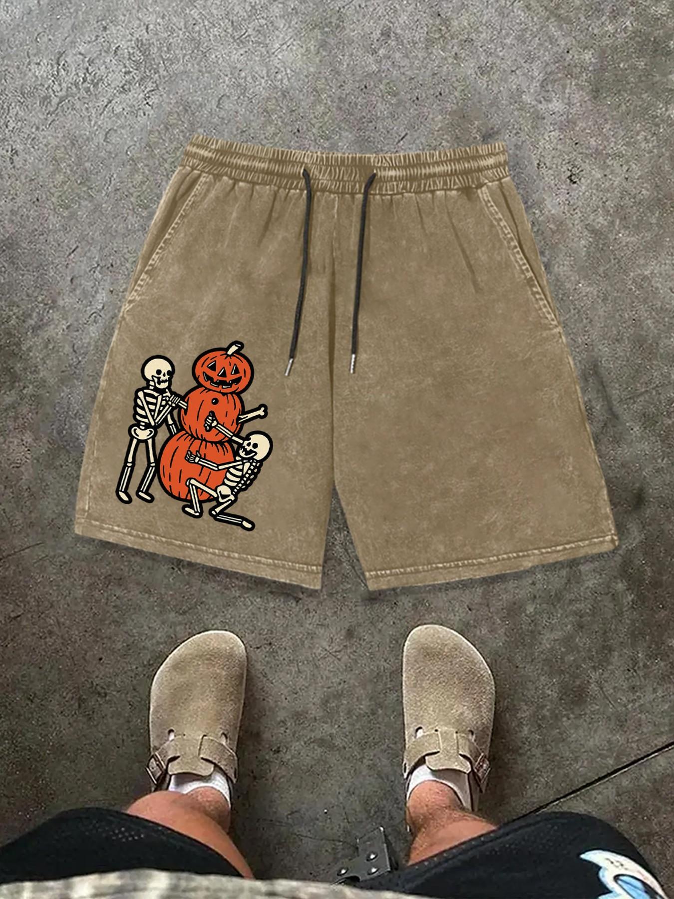 Men's Summer Halloween Pumpkin Skull Print Graphic Shorts, Casual Fitted Cotton Short Pants with Drawstring Waistband, Perfect Gift for Boyfriend