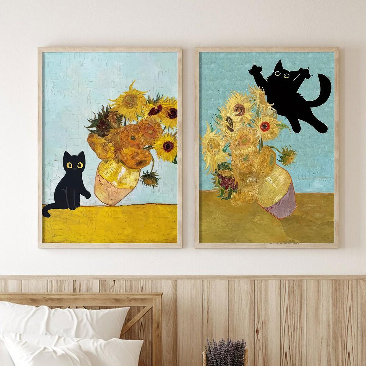 2 Piece Set Frameless Canvas Poster, Fun Cat Vase Illustration, Wall Art for Bedroom Office Living Room Cafe Bar Home Dorm Decor