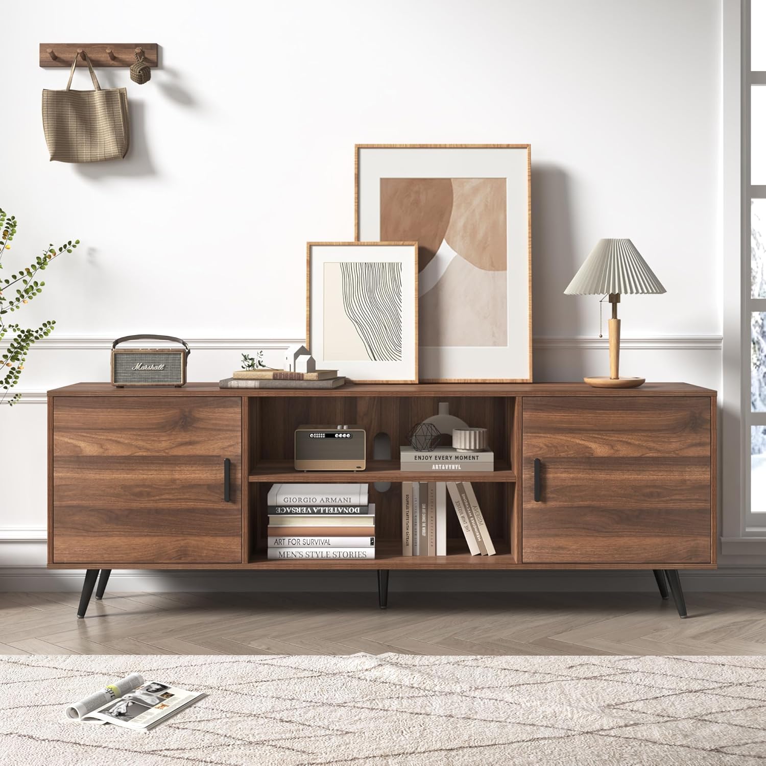 70/80 Inch Mid Century Modern TV Stand for 75 Inch TV, Wood TV Stand with Storage, Entertainment Center for Living Room Bedroom, TV Media Console, Oak/Walnut