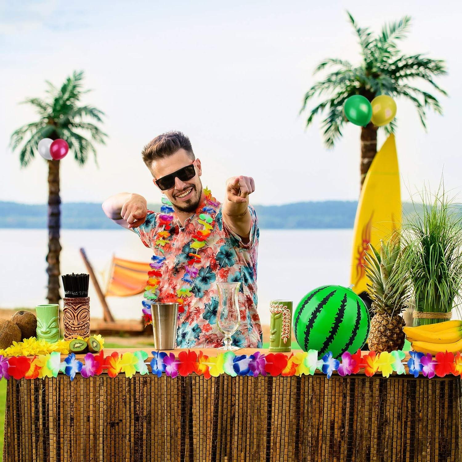 9-Piece Inflatable Hawaii Party Set, Includes Coconut Trees, Beach Balls, Parrot, Flamingo, Banana, Dolphin, Pump, for Beach Pool Adult Parties
