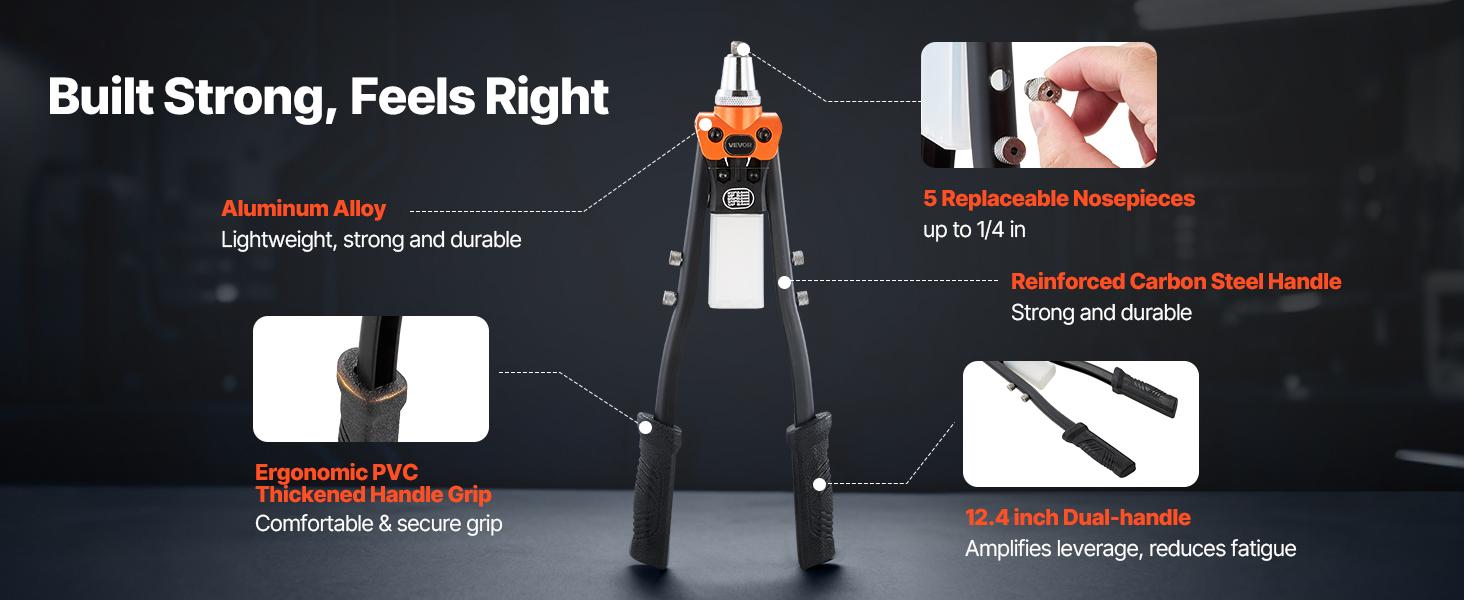 VEVOR Pop Rivet Gun Kit, with 230 Blind Rivets, Two-Handed Riveter with 5 Interchangeable Nosepieces, 5 Drill Bits, and a Carrying Case, Manual Riveting Tool for Metal, Automotive, Home, and DIY