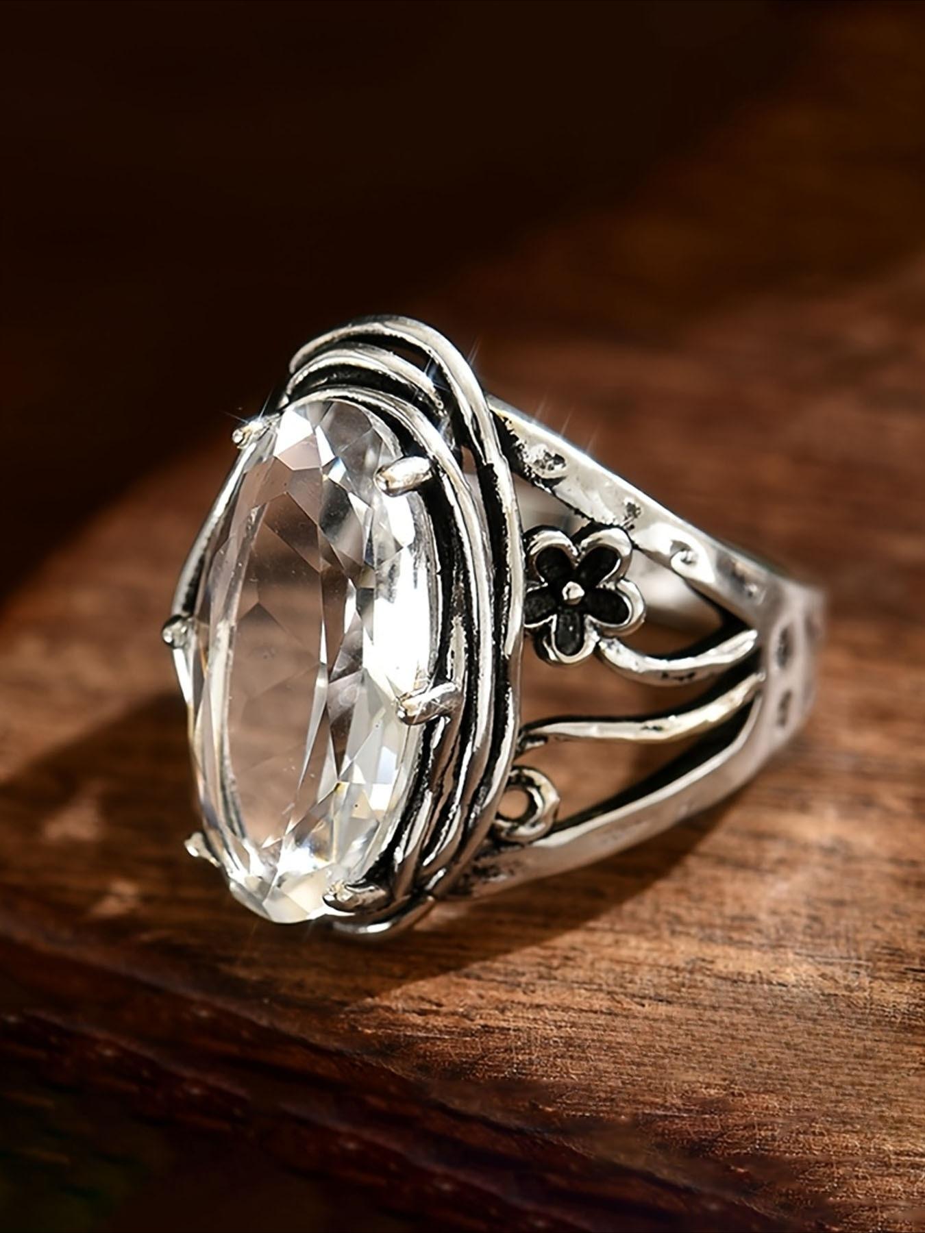 Boho Style Women's Ring, Vintage Ethnic Oval Zircon Hollow Flower Design, Versatile Party Jewelry, Unique Personalized Accessory, Boho Style Rings