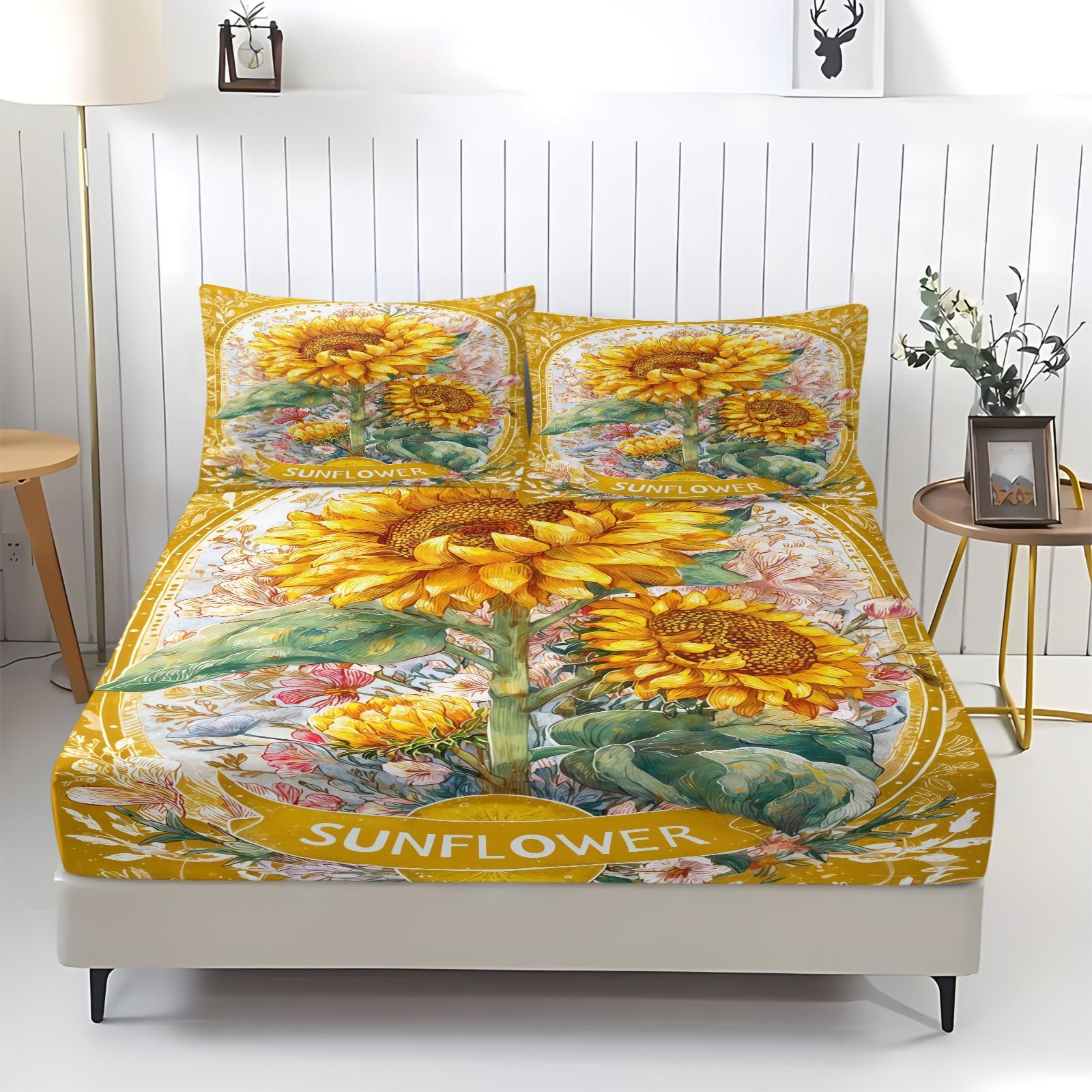 3-Piece Sunflower Patterned Bed Sheet Set, Soft And Durable Bedding Set, Including 1 Bed Sheet And 2 Pillowcases, Suitable For Children And Adults For Daily Holiday Birthday Gifts, Bedroom Decorations