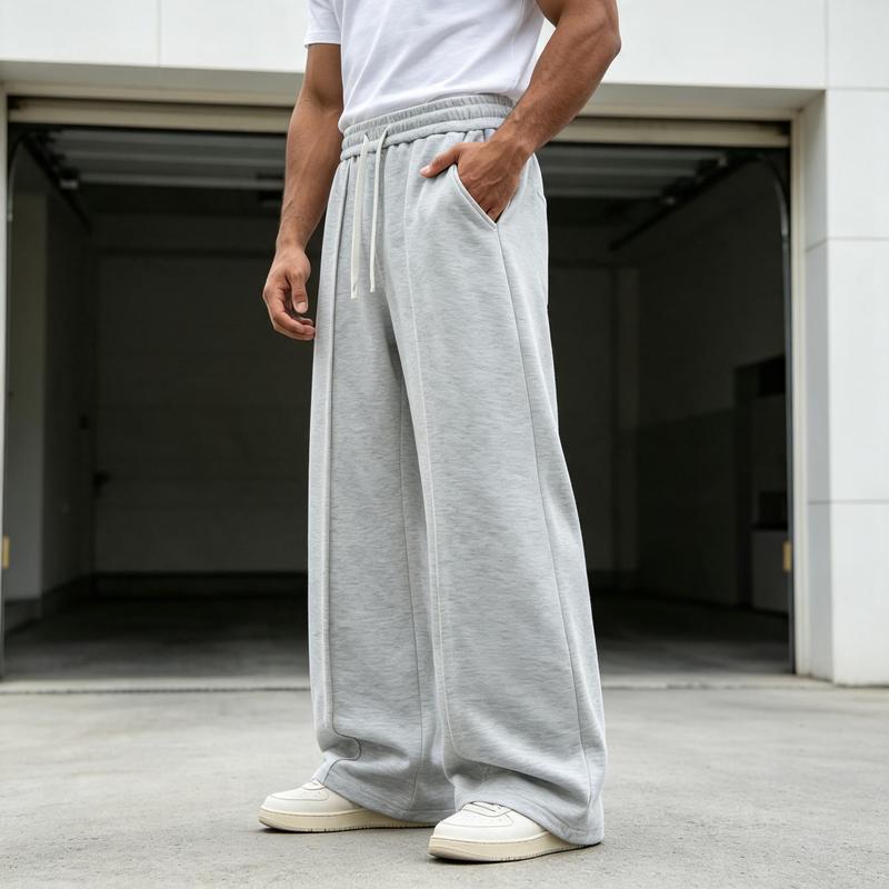 Men's Oversized Plain Loose Fit Pants - Male Clothing Sport Joggers with Elastic Double Drawstring Waist, Front Vertical Pleats, All-Season Wide Leg, Suitable for Daily Street & Casual Wear