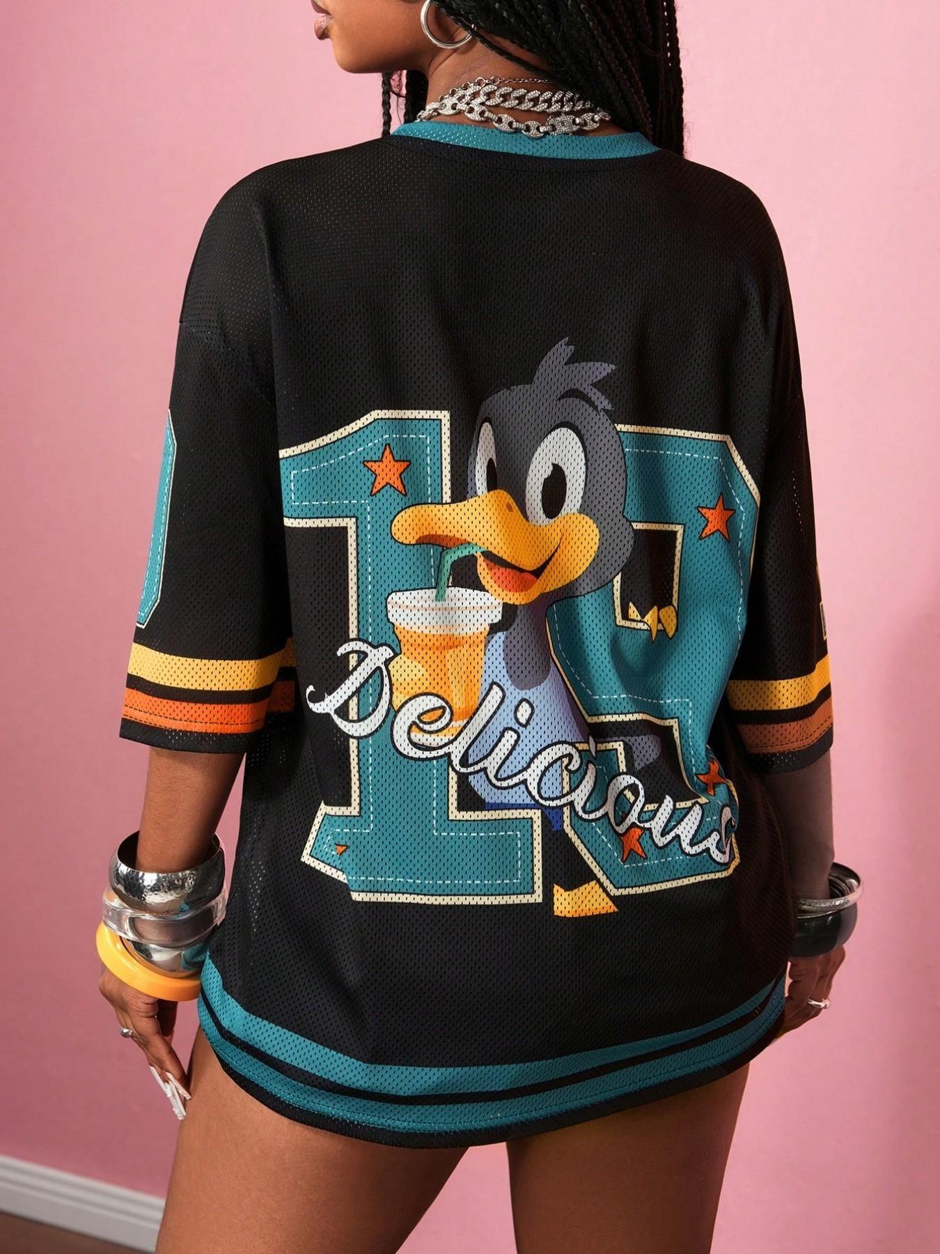 American Retro Cartoon Duck Print Mesh Eye Short Sleeve T-Shirt for Women, New Y2K Style, Loose-Fit Sport Top, All Seasons