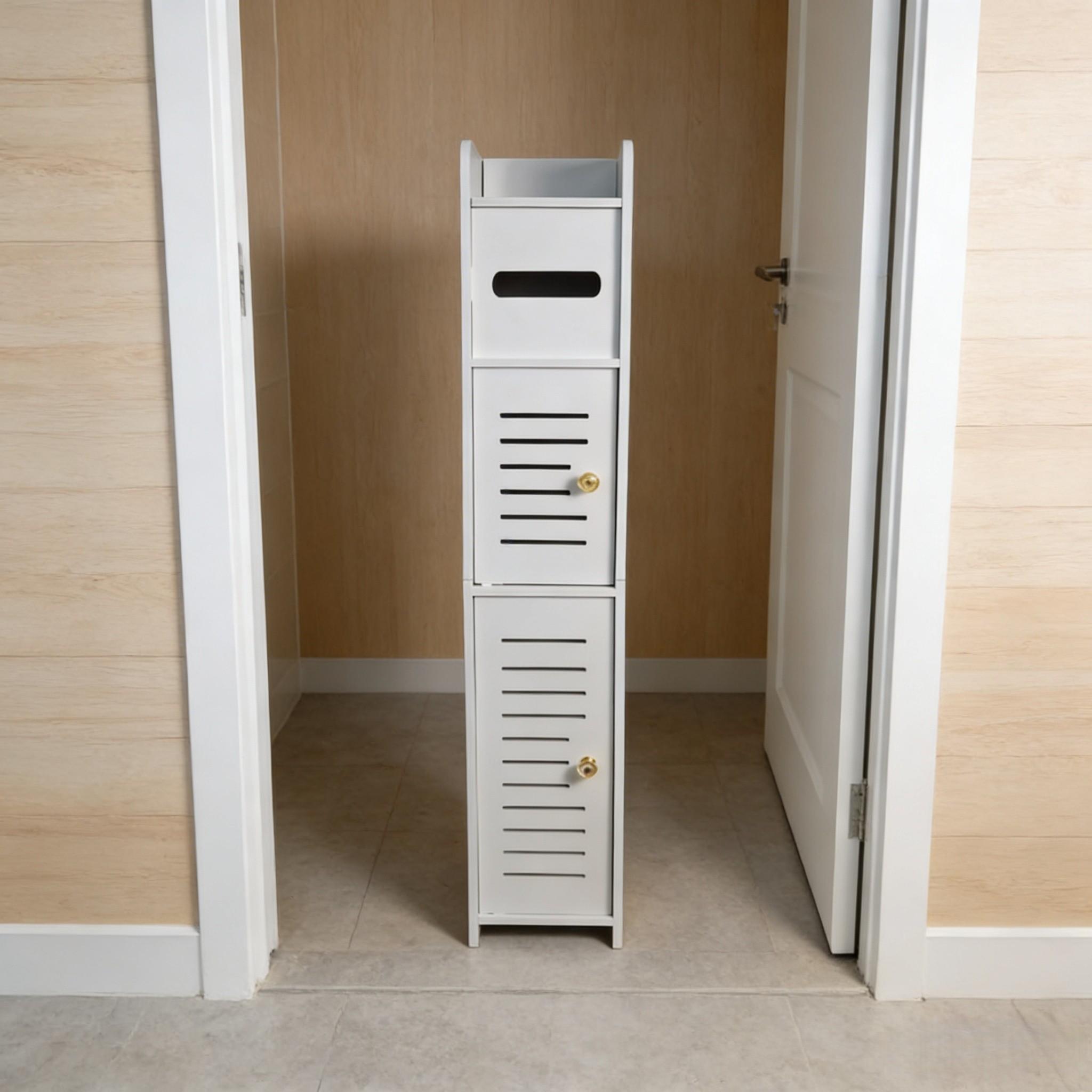 Narrow Bathroom Storage Cabinet with Door, Dust-Proof Top Flip Paper Holder, Minimalist Multi-Layer Design, Small Space Toilet Gap Shelf