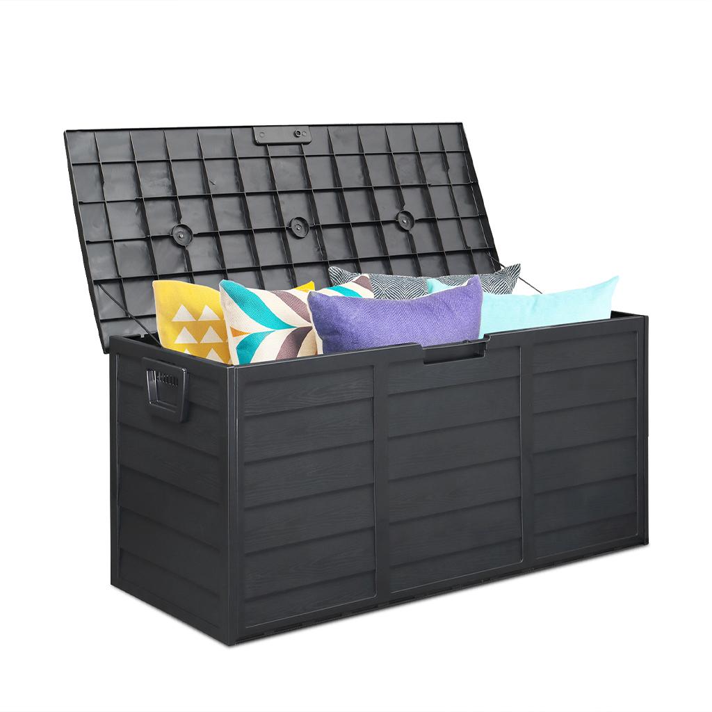 75 Gallon Outdoor Storage Box, Weatherproof Wood-Look Deck Box with Wheels, Lockable Black Garden Chest for Patio Cushions & Tools