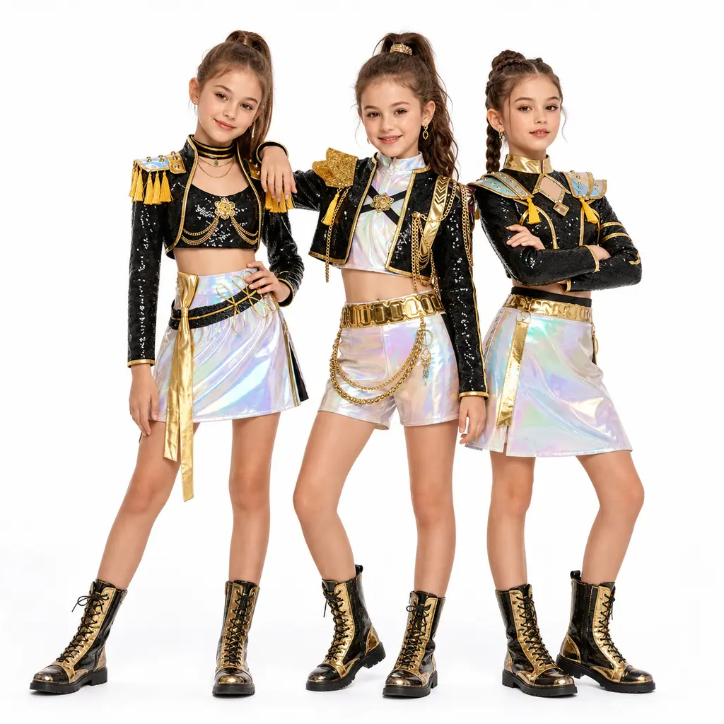 Girls Sequin Majorette Dance Costume Set, Black Gold Holographic Hip‑Hop Stage Outfit, Kids Halloween Christmas Cosplay Performance Dancewear for Competition Show