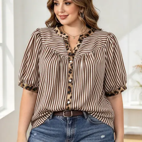 Plus Size Striped Leopard Patchwork Notched Neck Blouse, Casual Loose Shirt, Bubble Sleeve Top, Casual Summer Wear, Ideal for Daily Wear, Office, Date and Travel, Casual Daily Tops