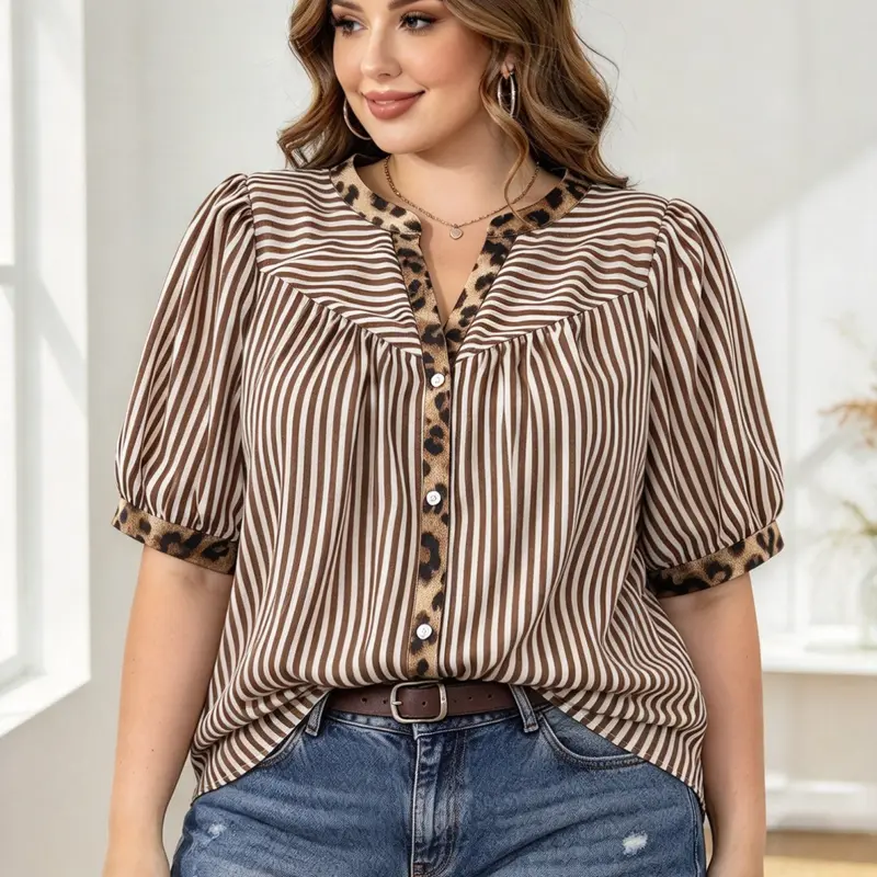 Plus Size Striped Leopard Patchwork Notched Neck Blouse, Casual Loose Shirt, Bubble Sleeve Top, Casual Summer Wear, Ideal for Daily Wear, Office, Date and Travel, Casual Daily Tops
