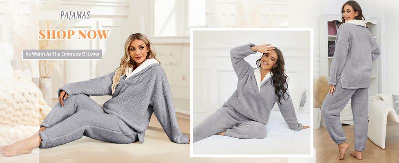 Naeduo  Women's Fluzzy Sherpa Fleece Pajamas Warm Pullover Lapel Sleepwear Sets