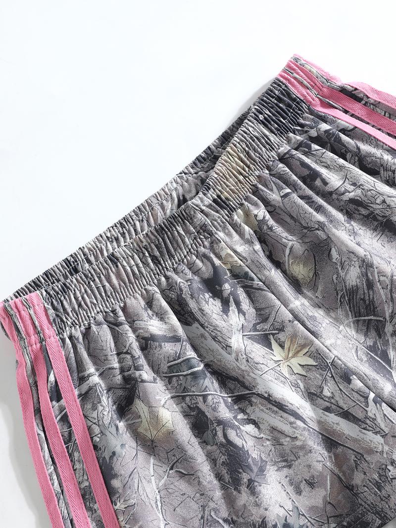 Women's Summer Camo Print Shorts, Casual Loose-Fitting Elastic Waist, Side Striped Design, Outdoor Wear, Daily Use