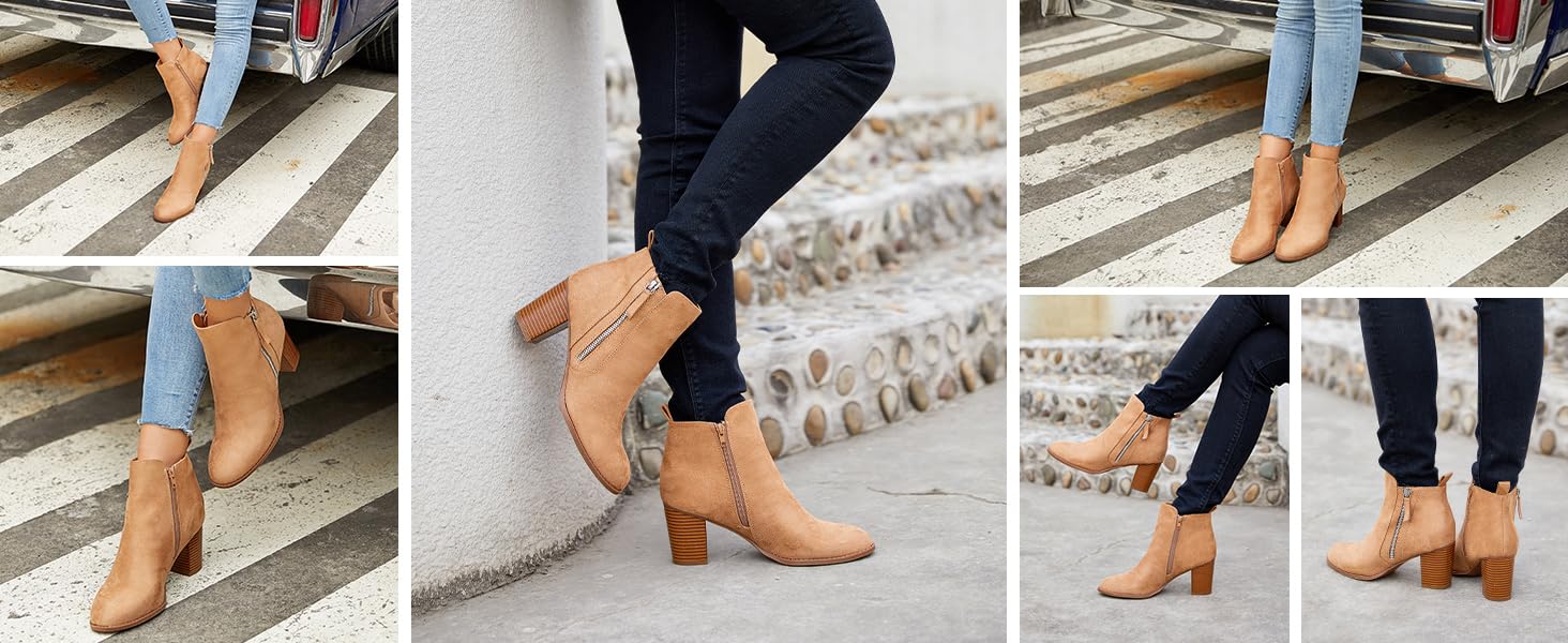 Coutgo Ankle Boots for Women Chunky Block Heel Side Zipper Pointd Toe Suede Fall Winter Bootie Shoes