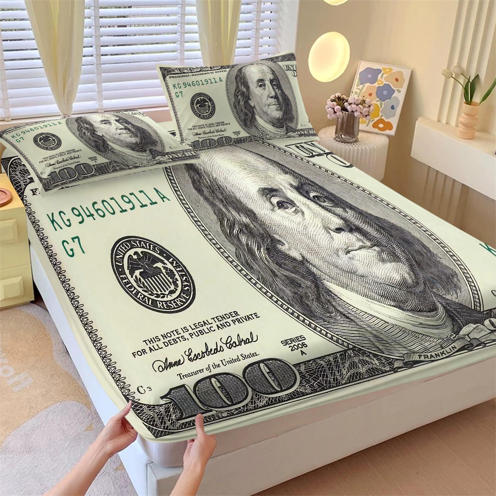 3-Piece Money Patterned Fitted Sheet Set,100 US dollars, Cash, USD Printed Bedding Set, Bed Sheets Set ,Suitable for Those Who Love Money for Bedroom Decoration. The Material Is Soft, Breathable, and Comfortable, Including 1 Fitted Sheet and 2 Pillowcases