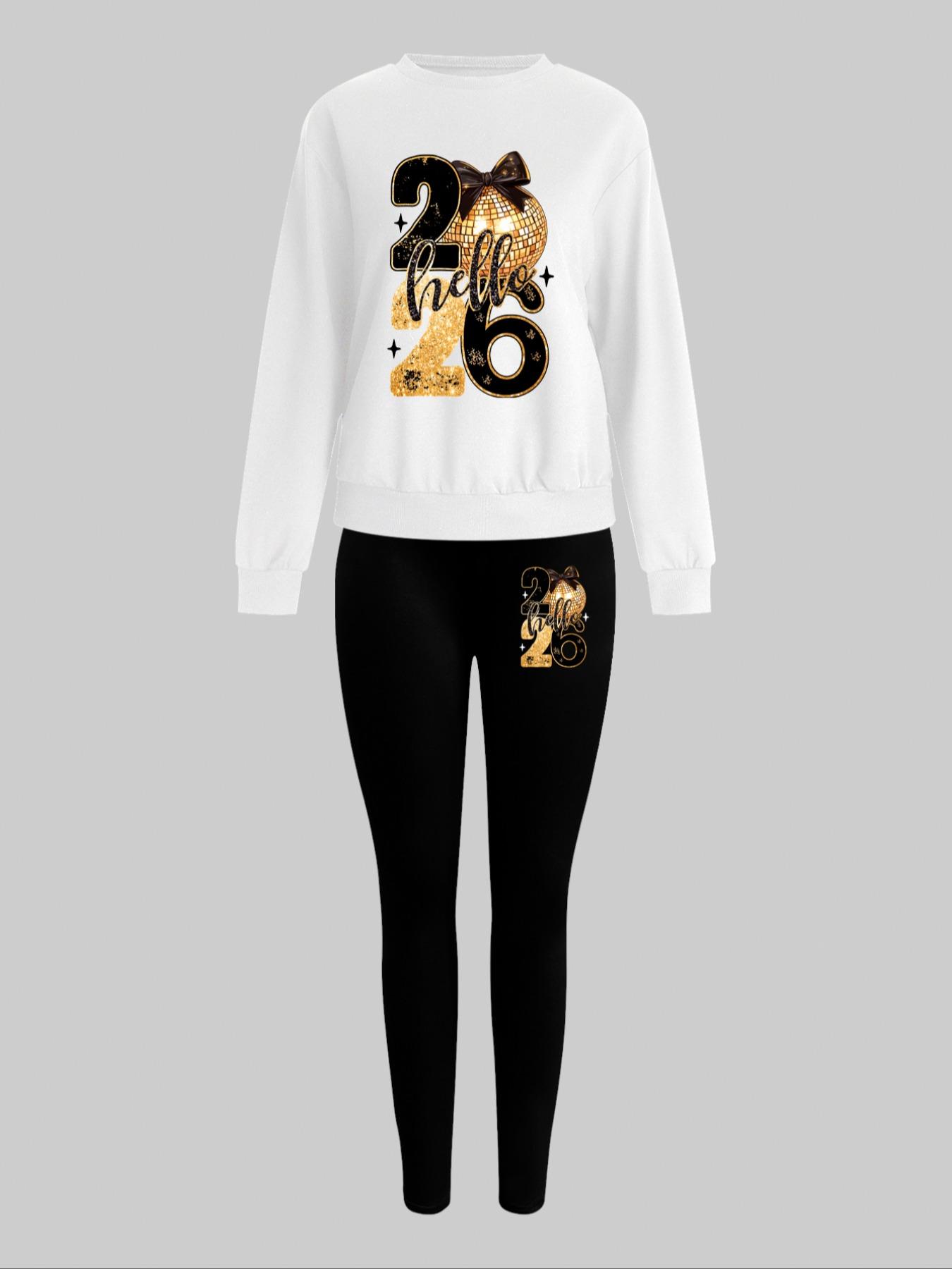 Women's Casual Sweatshirt Set 2 Piece, New Year 2026 Print, Round Neck Long Sleeve, Long Pants, Fall Winter Fashion