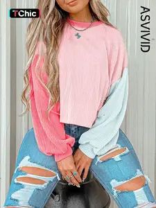 Women's Colorblock Twisted Ribbed Knit Dropped Shoulder Cropped Sweatshirt, Casual Round Neck for Fall Winter, Ladies Daily Wear