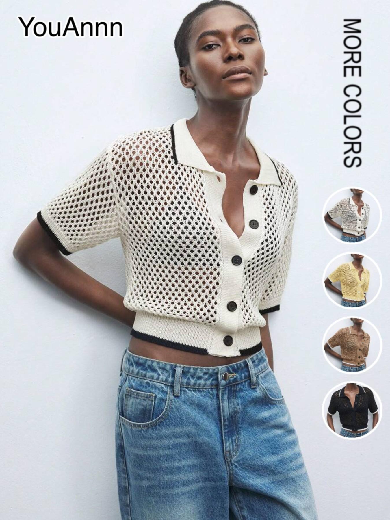 New Hollow-Out Knitwear, Women's Color-Block Short Sleeve Sweater, Elegant and Comfortable Polo Neck Top, Versatile Casual Wear
