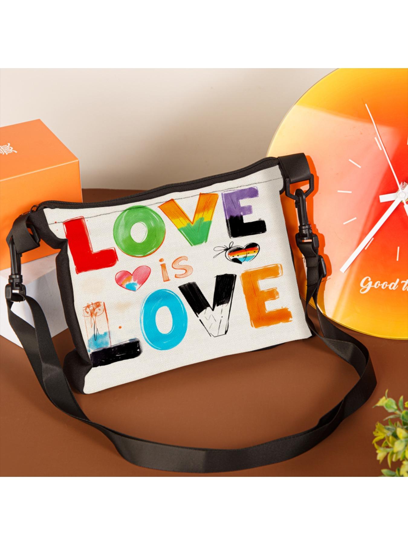 1pc Love Is Love Rainbow Print Crossbody Bag Women Shoulder Bag Colorful Text And Heart Design For Pride Events Party Outings Casual Wear With Adjustable Strap Perfect For Daily Use Commuting Shopping